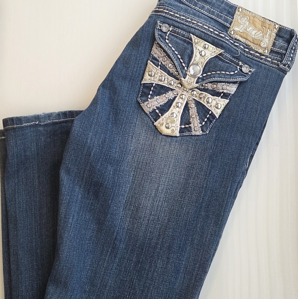 Grace in LA Blue Boot Cut Jeans with Silver Embellishments